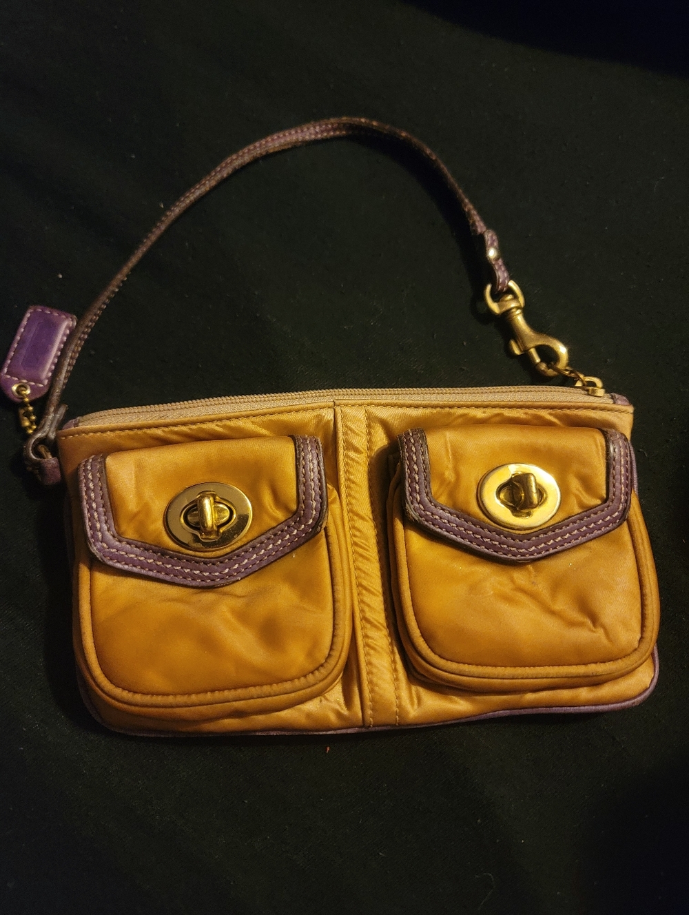 Coach Y2k Leather Two-Pocket Wristlet in Mustard with Purple Trim. FIRM PRICE